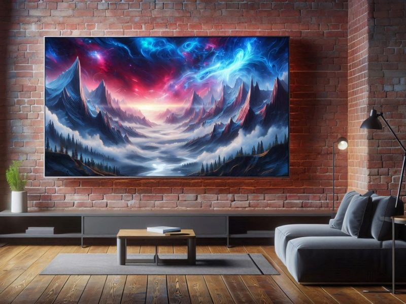 Riesiger Fernseher an einer Steinwand