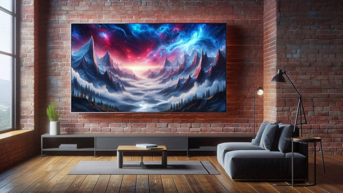 Riesiger Fernseher an einer Steinwand