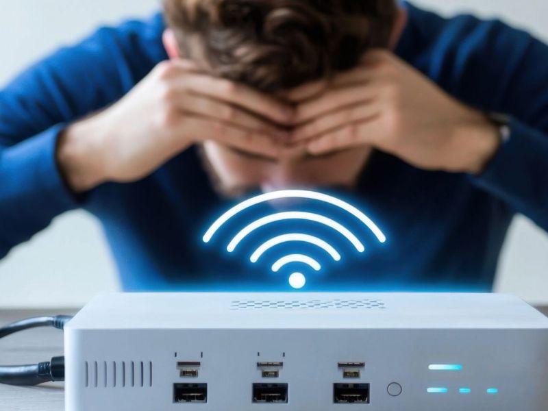 Über einem Router wird das WiFi-Symbol angezeigt. Im Hintergrund ist eine Person zu sehen, die die Hände über dem Kopf zusammenschlägt.