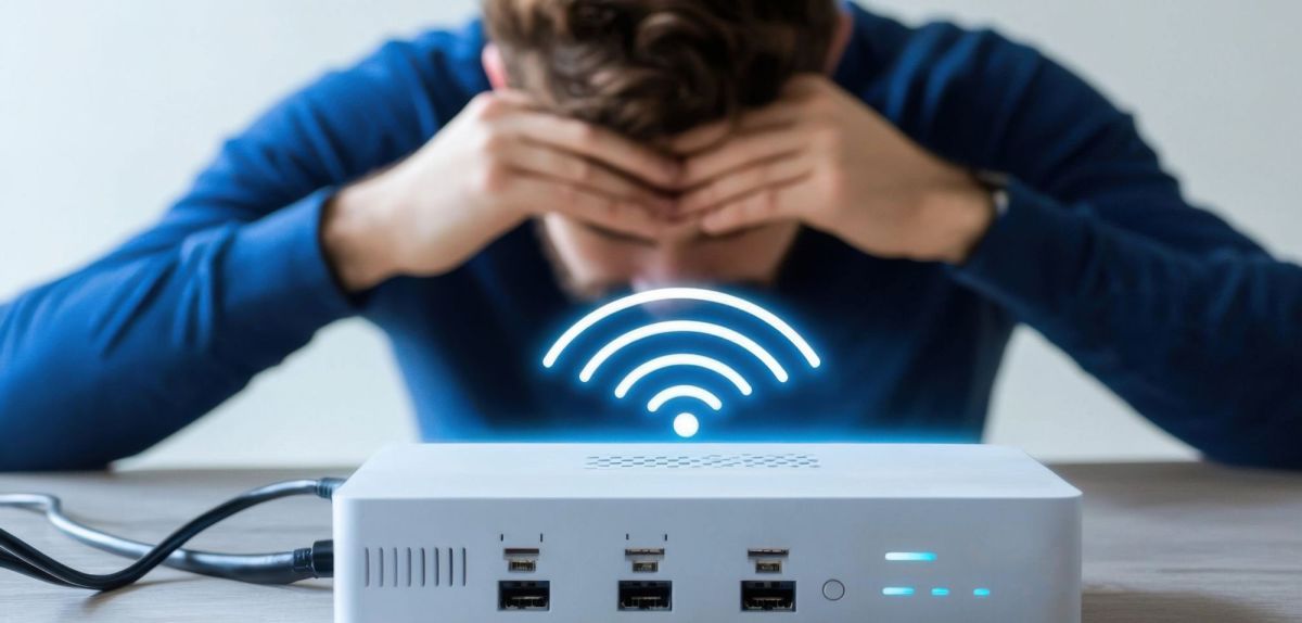 Über einem Router wird das WiFi-Symbol angezeigt. Im Hintergrund ist eine Person zu sehen, die die Hände über dem Kopf zusammenschlägt.