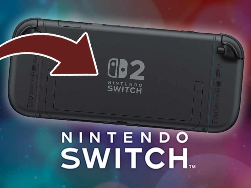 Bild der Rückseite der Nintendo Switch 2, auf die ein Pfeil zeigt.