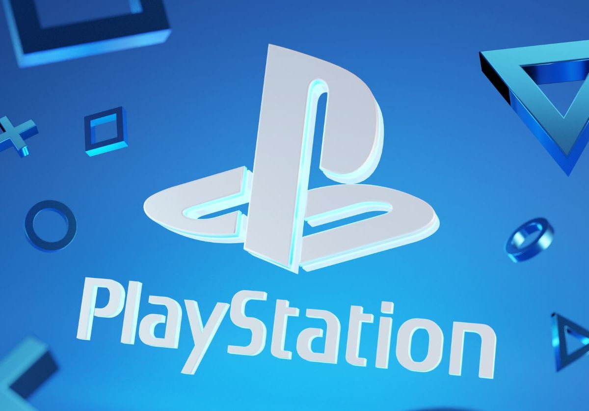Weißes PlayStation Logo vor blauem Hintergrund.