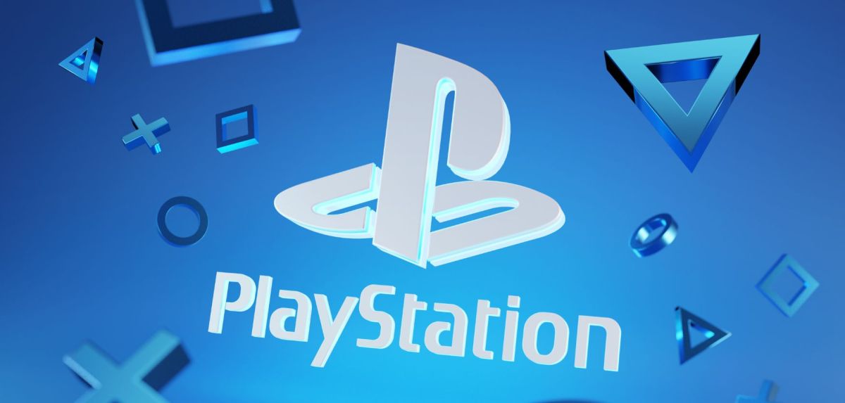 Weißes PlayStation Logo vor blauem Hintergrund.