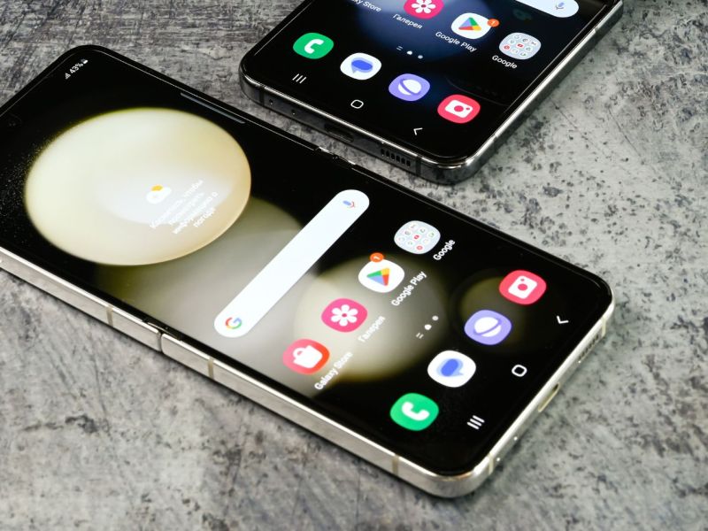 Zwei Samsung-Handys liegen auf grauem Hintergrund