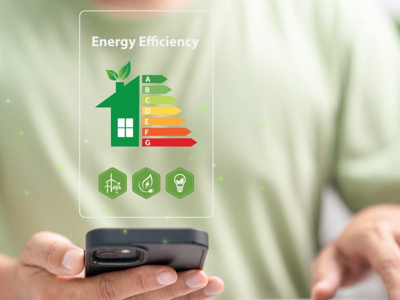 Person hält Smartphone in der Hand. Darüber ist ein Energielabel abgebildet.