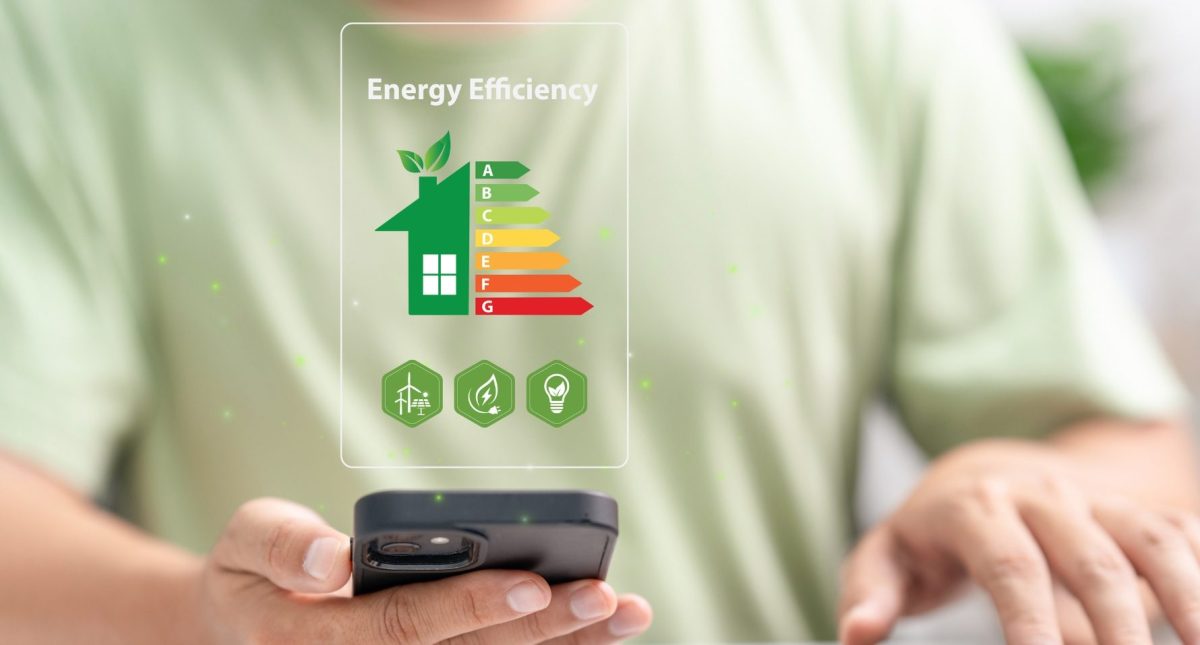 Person hält Smartphone in der Hand. Darüber ist ein Energielabel abgebildet.