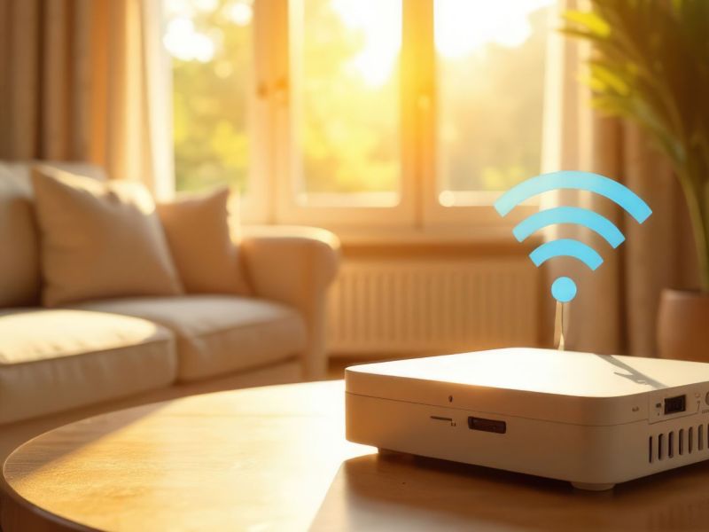 Ein Router steht auf einem Tisch in einem Wohnzimmer. Durch das Fenster scheint Sonnenlicht.