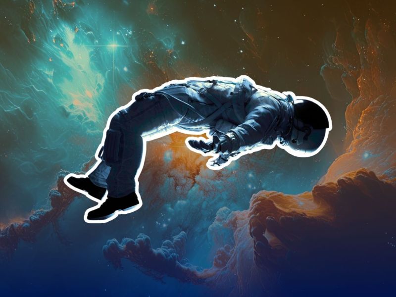 Astronaut vor einem kosmischen Nebel.