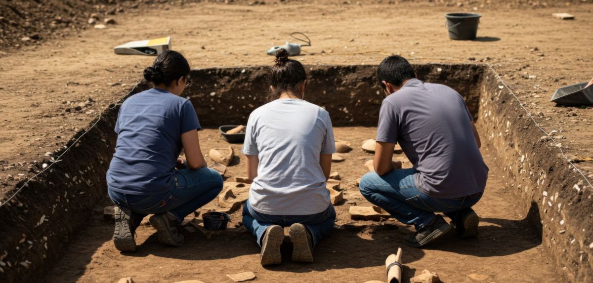 Forscher*innen bei archäologischer Ausgrabung (KI-generiertes Foto).