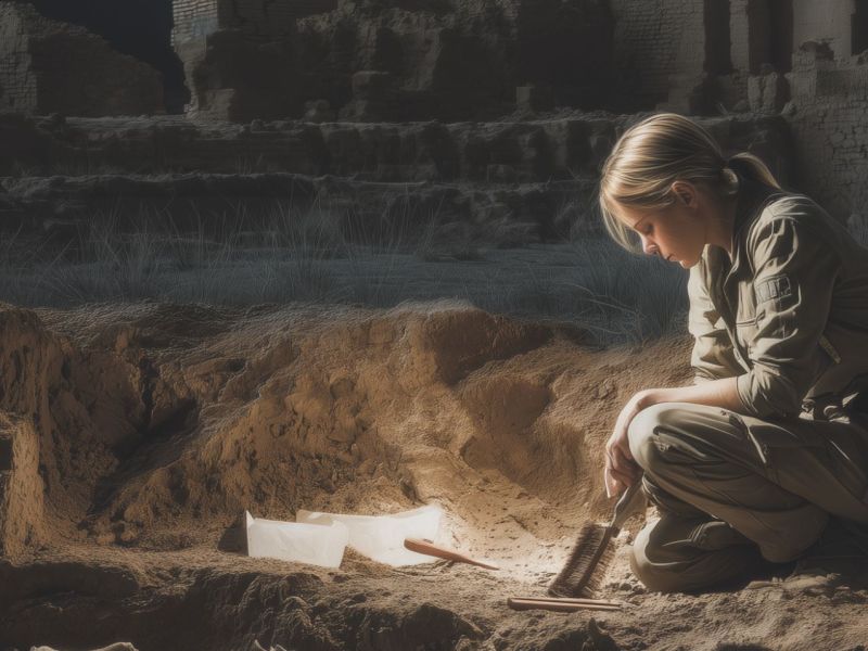 Frau betrachtet einen archäologischen Fund (KI-generiertes Bild)
