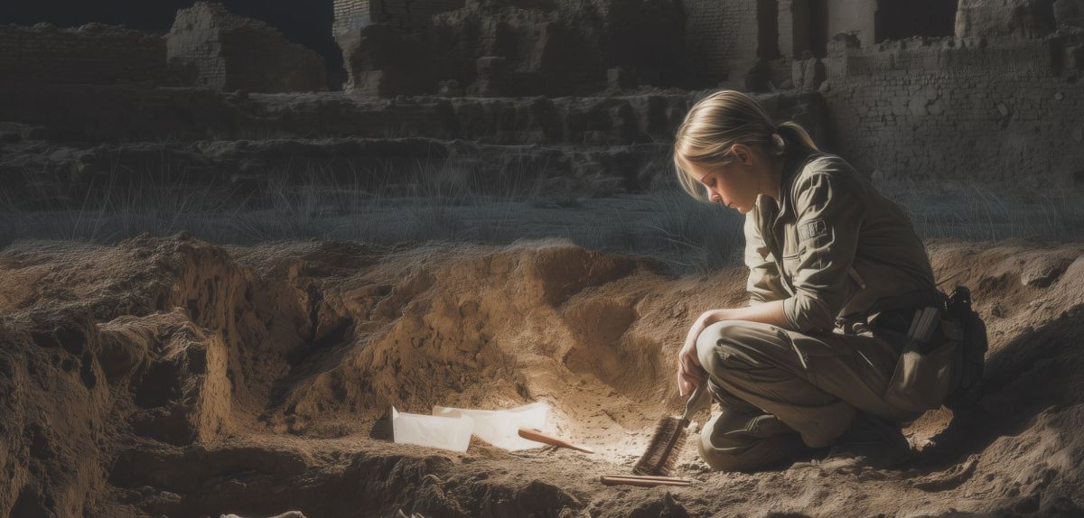 Frau betrachtet einen archäologischen Fund (KI-generiertes Bild)