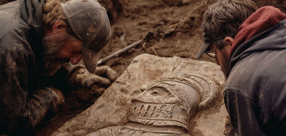 Zwei Forscher untersuchen einen archäologischen Fund (KI-generiertes Bild).