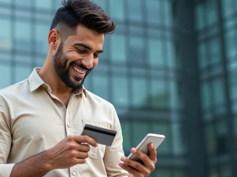 Man hält Handy und Kreditkarte in der Hand