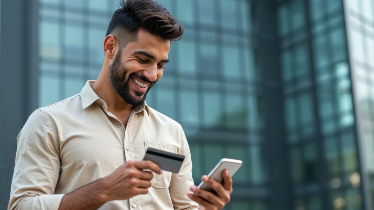 Man hält Handy und Kreditkarte in der Hand