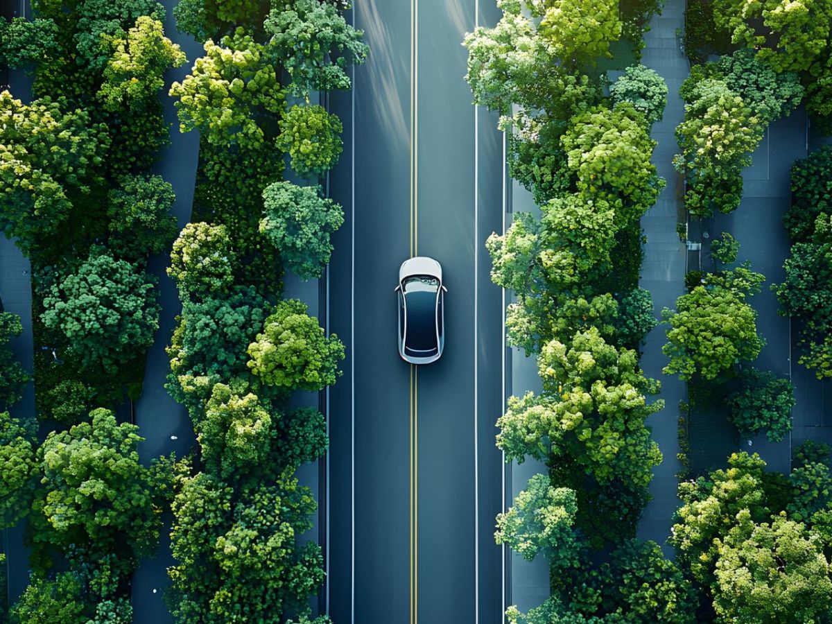 Elektroauto fährt auf einer Allee durch eine Stadt. (KI-Bild)