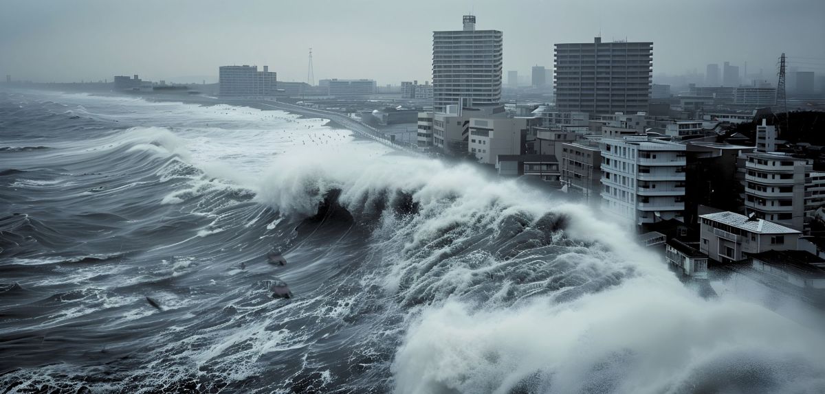 Tsunami schwemmt über Stadt (KI-generiertes Bild).