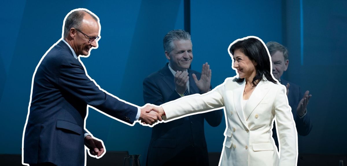 Friedrich Merz (l) und Katherina Reiche (r) reichen sich die Hand