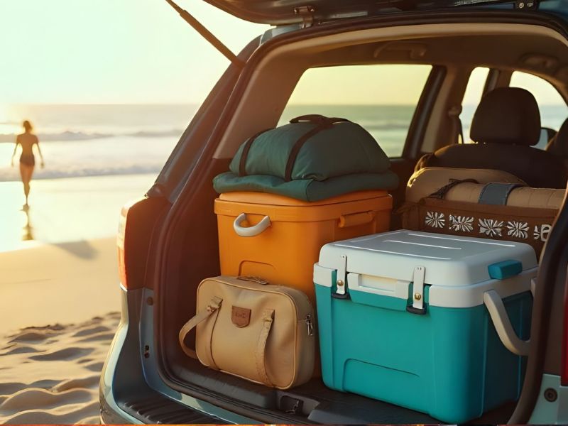 Kühlbox in einem Auto, das an einem Strand steht. (KI-Bild)