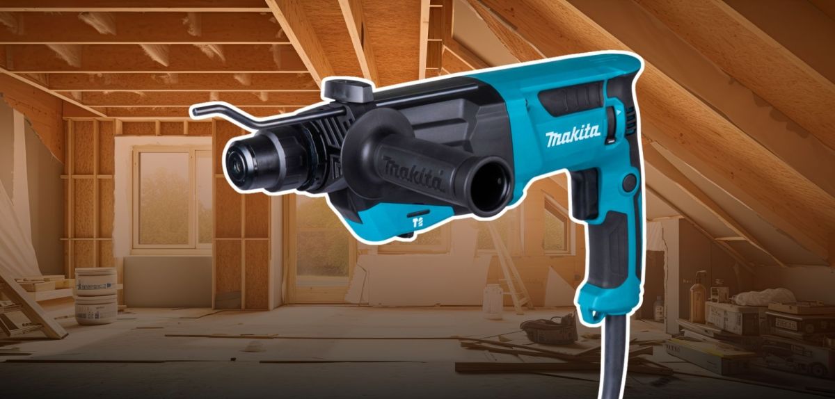 Makita-Kombihammer vor einer Baustelle
