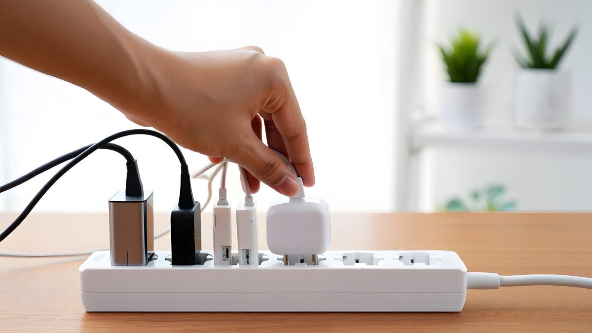 Person steckt einen Stecker in eine Mehrfachsteckdose.