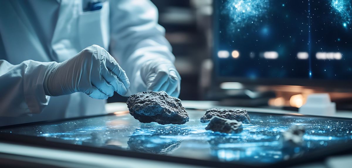 Forscher untersucht einen Meteoriten im Labor (KI-generiertes Bild).