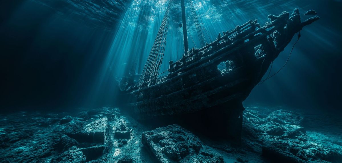 KI-generiertes Bild eines Schiffes auf dem Meeresboden.
