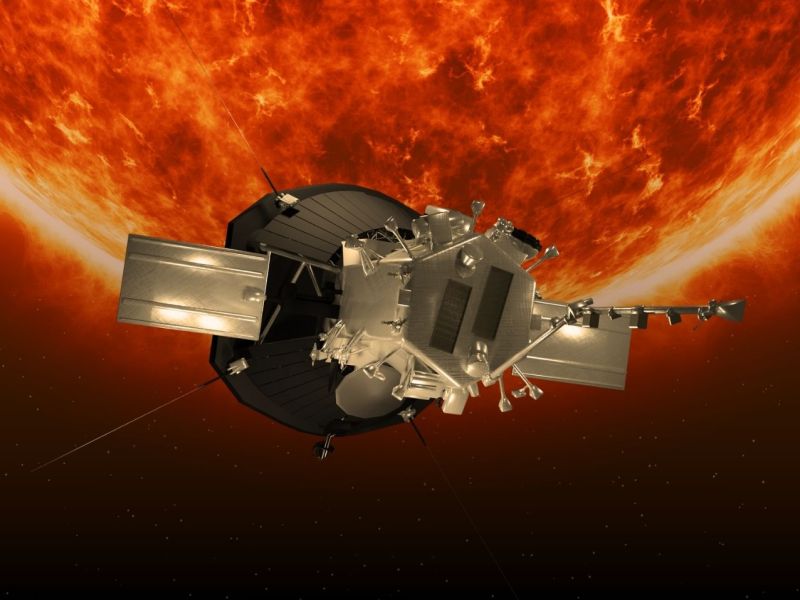 Parker Solar Probe vor der Sonne.