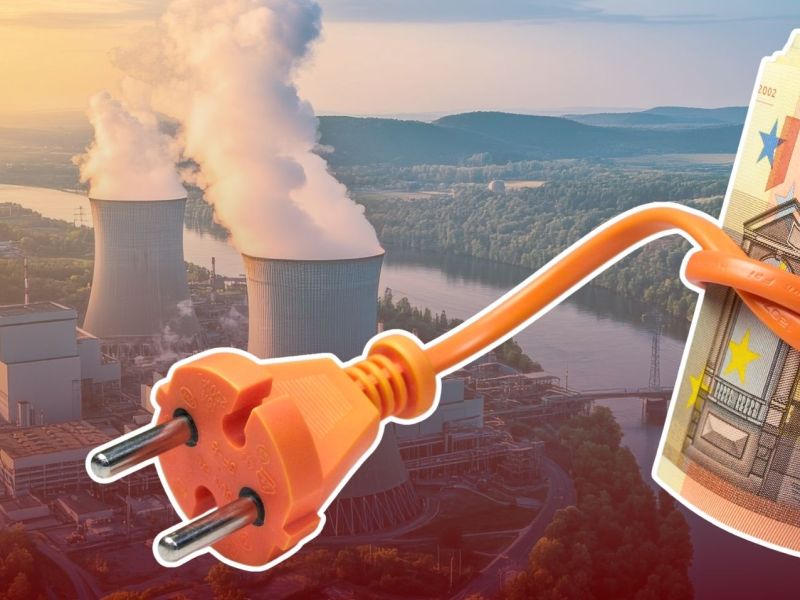 50-Euro-Schreine, eingewickelt in ein orangenes Stromkabel. Im Hintergrund ein Kernkraftwerk an einem Fluss.