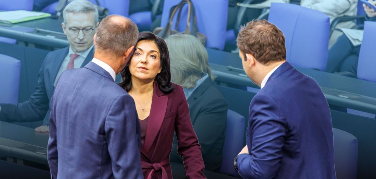 Bundeskanzler Friedrich Merz (CDU), Katherina Reiche (CDU), Bundesministerin fuer Wirtschaft und Energie, und Bundesfinanzminister Lars Klingbeil (SPD) bei einer Plenarsitzung im Deutschen Bundestag am 8.07.2025 in Berlin
