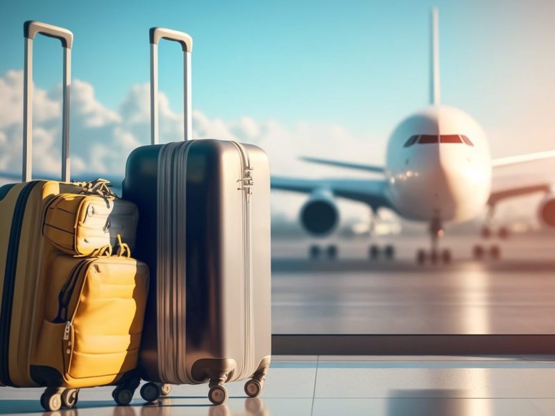 Gepäckstücke am Flughafen vor einem Flugzeug