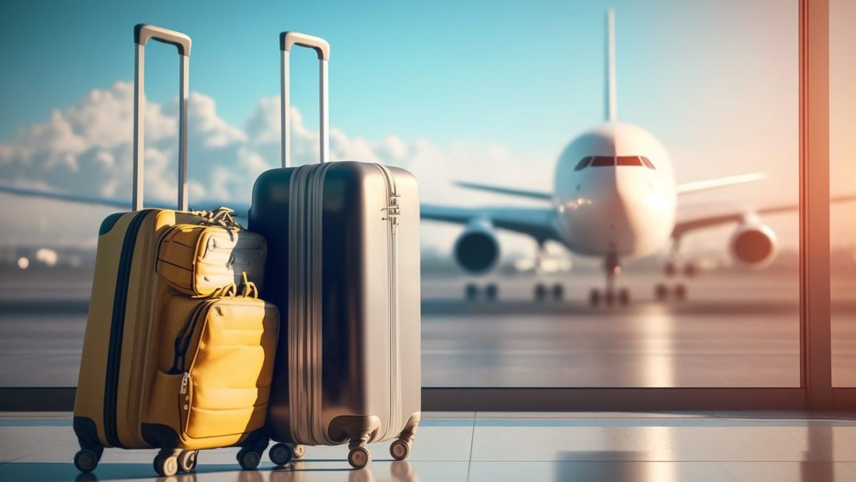 Gepäckstücke am Flughafen vor einem Flugzeug