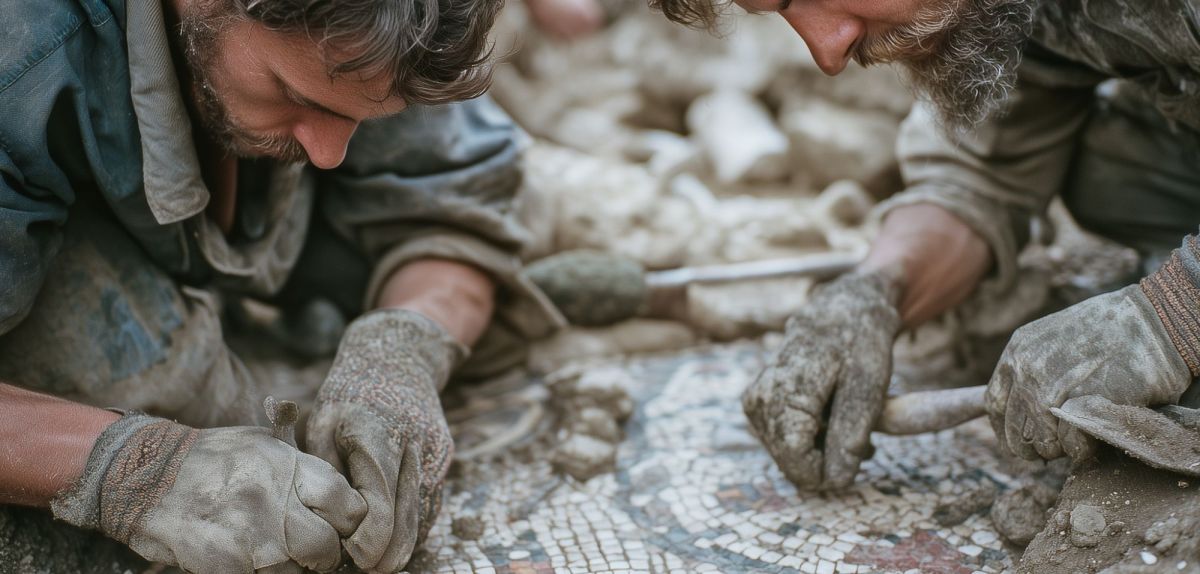 Zwei Männer untersuchen einen archäologischen Fund (KI-generiertes Bild).